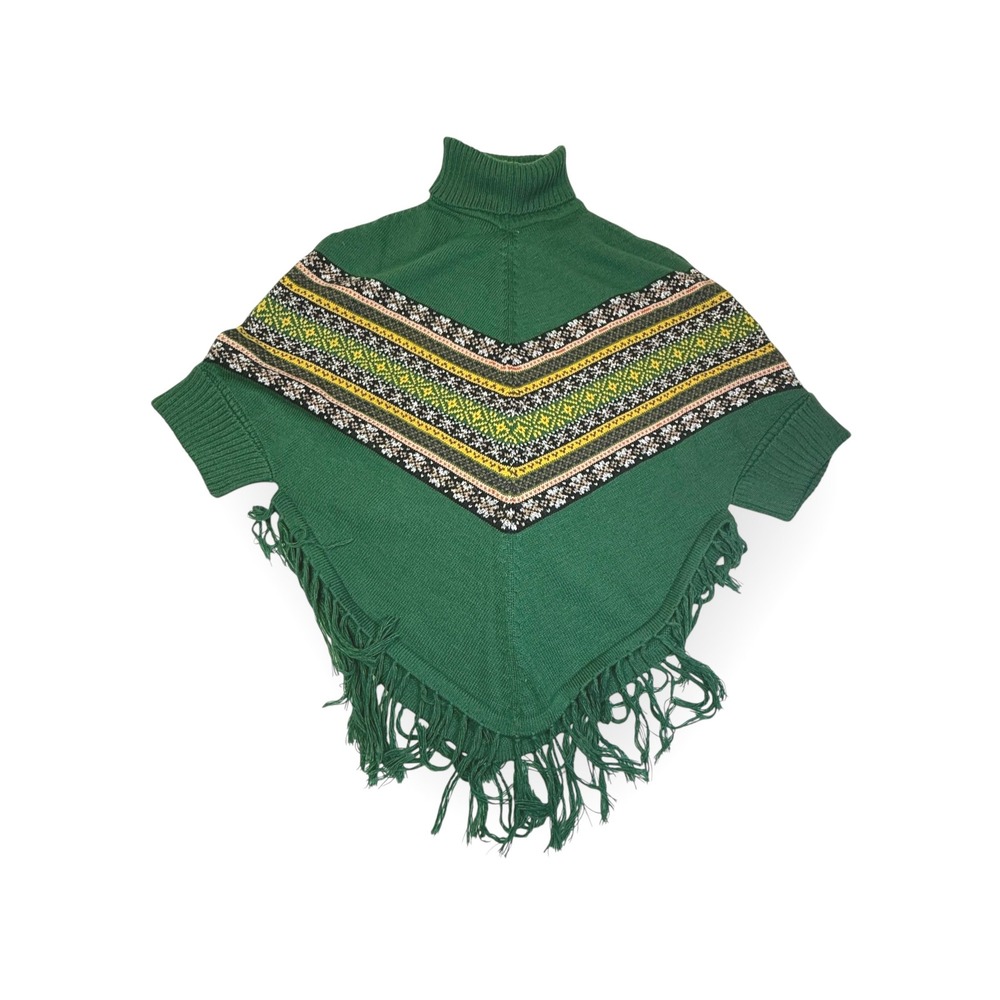 Green Alpaca Wool Turtleneck Poncho Fringe‎ Geometric Tribal Boho Peruvian